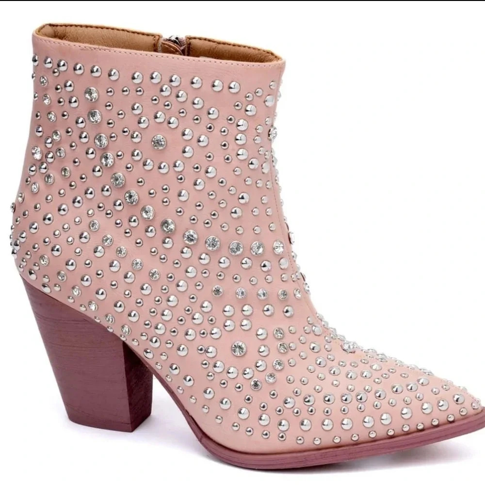 Corkys Line Dance Blush Pink Studded Crystal Western Ankle Boots New